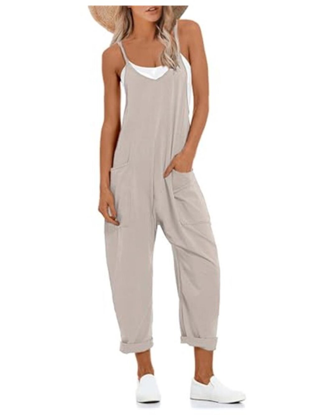 Women Harem Jumpsuit Wide Leg V Neck Sleeveless Overalls Romper With Pockets